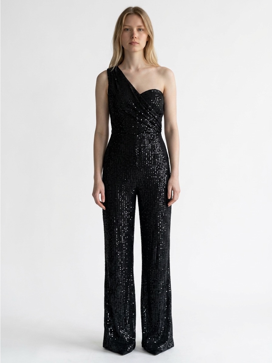 Faeriesty Black Full Sequin One Shoulder Flare Leg Jumpsuit Women's Size S